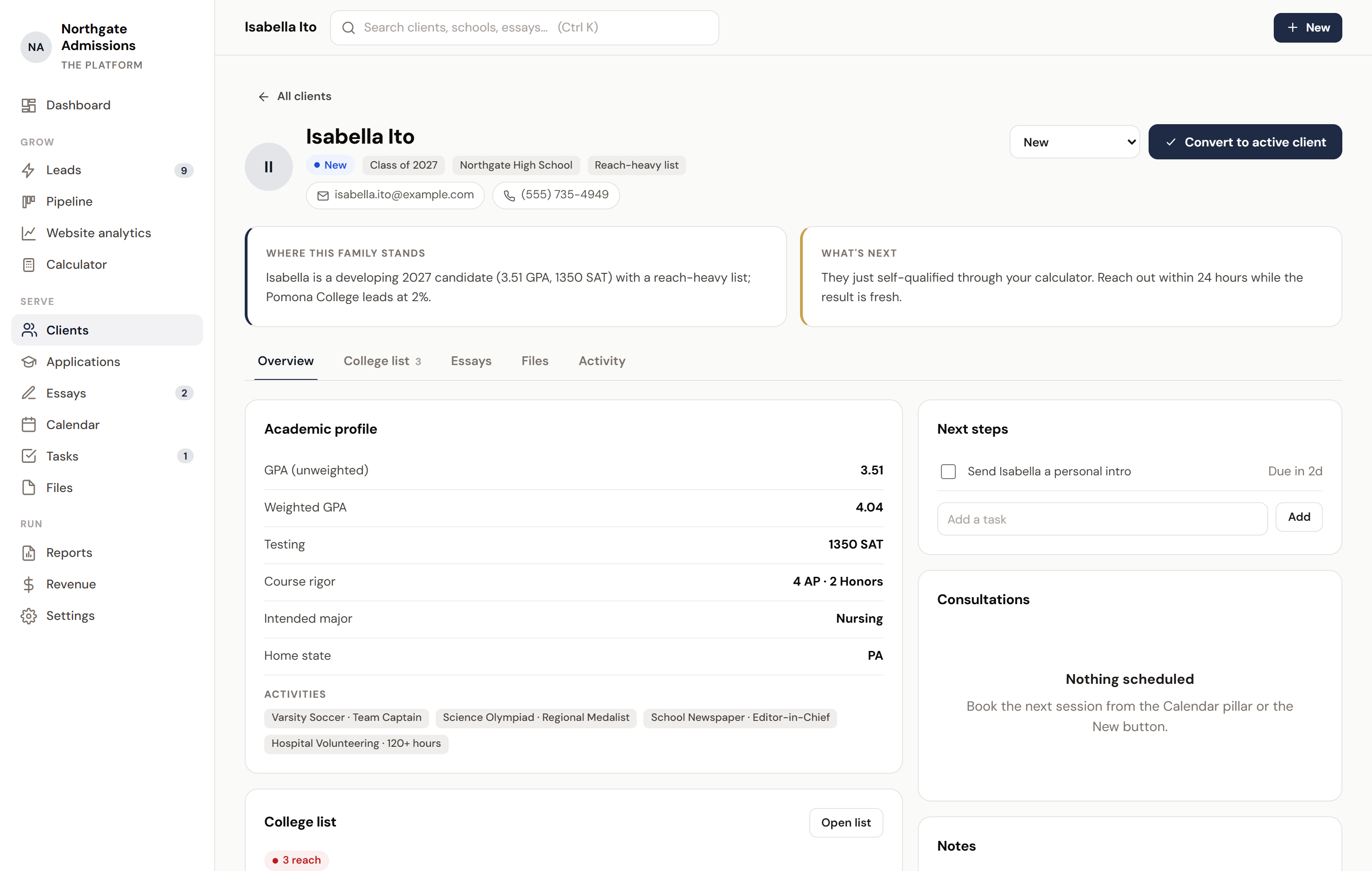 A client page in The Platform: academic profile, college list with odds, essays, consultations, notes, and engagement value