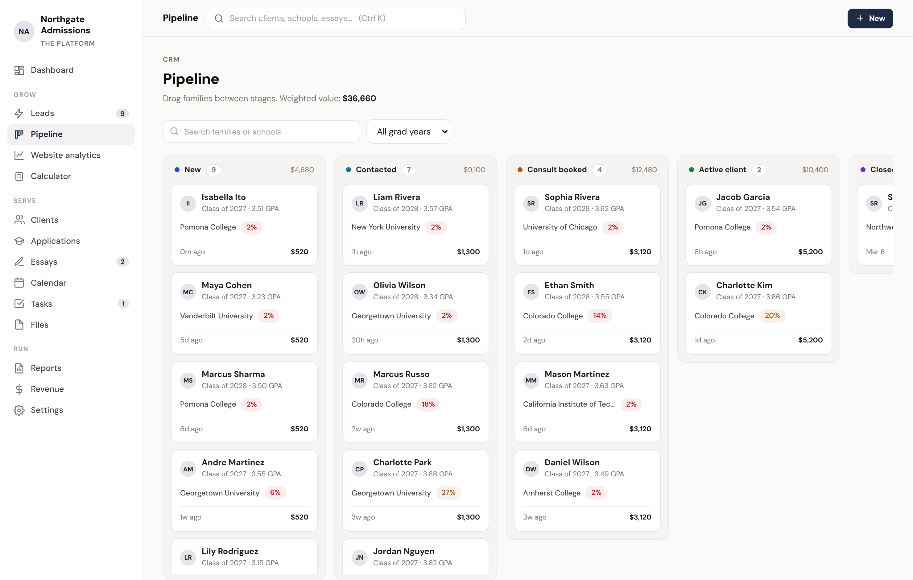 The Platform pipeline: families on a drag-and-drop board from new lead to signed client
